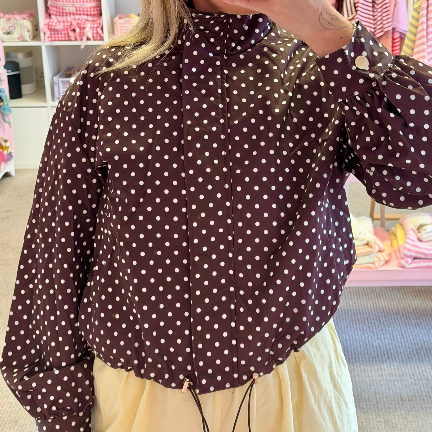 Brown Polka Dot High Neck Jacket