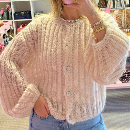 Light Beige Knit Balloon Sleeve Cardigan