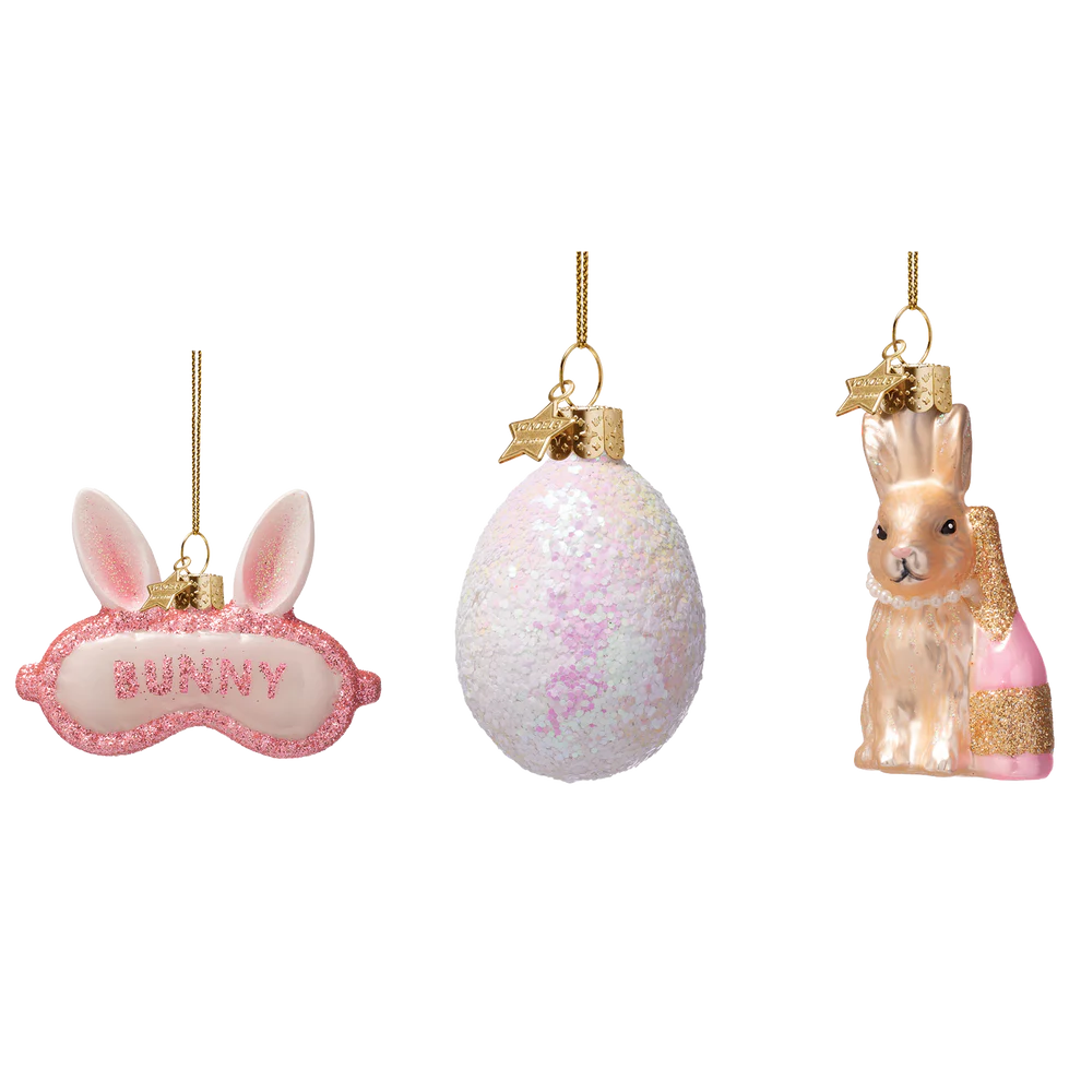 ‘Sleepy Bunny’ Glitter Glass Easter Decorations X3