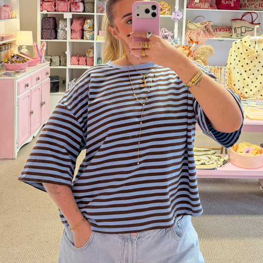 Brown & Blue Stripey Boxy Oversize Style T-Shirt With 3/4 Sleeves