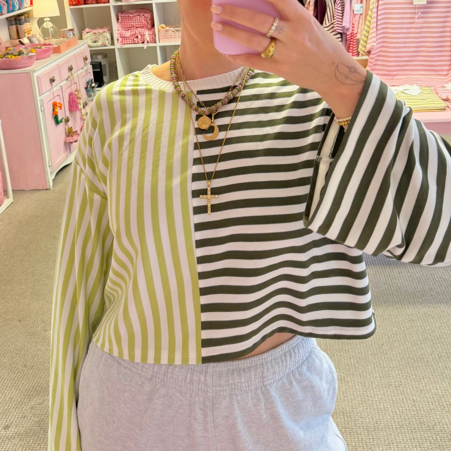 Two-Tone Green Stripe Cropped T-Shirt