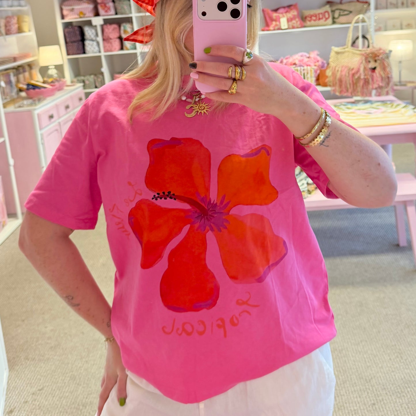 Pink & Red Hibiscus Flower Cotton Oversize Tee 🌸