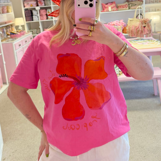 Pink & Red Hibiscus Flower Cotton Oversize Tee 🌸