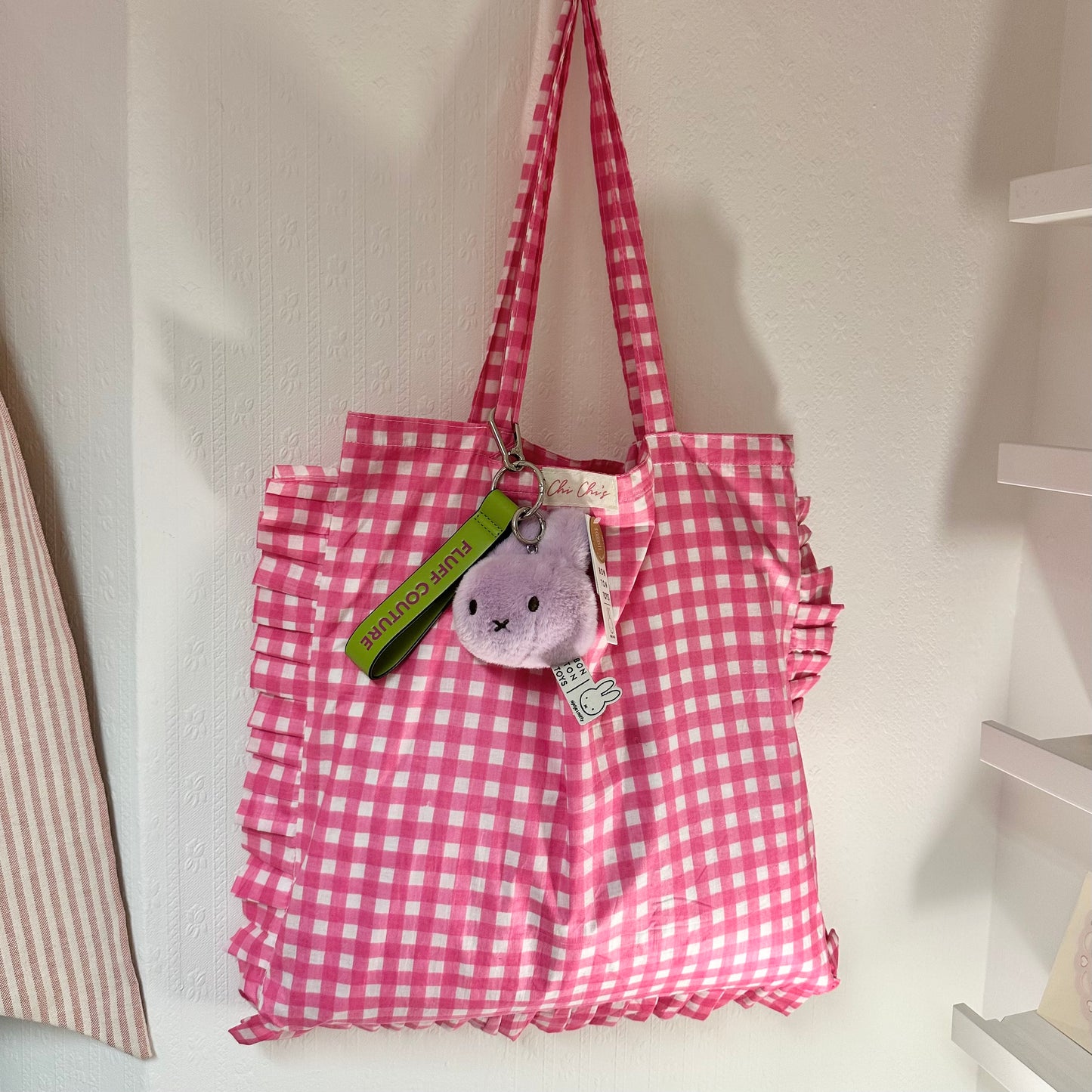 Pink Gingham Frilly Cotton Tote Bag