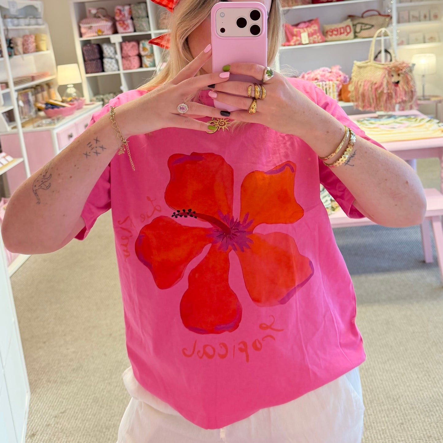 Pink & Red Hibiscus Flower Cotton Oversize Tee 🌸