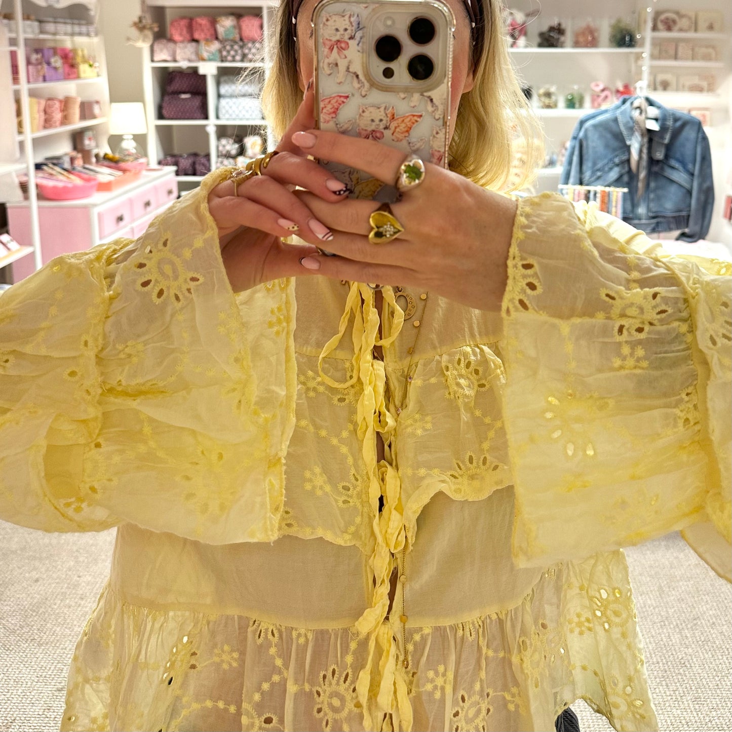 Yellow Broderie Tie Up Blouse