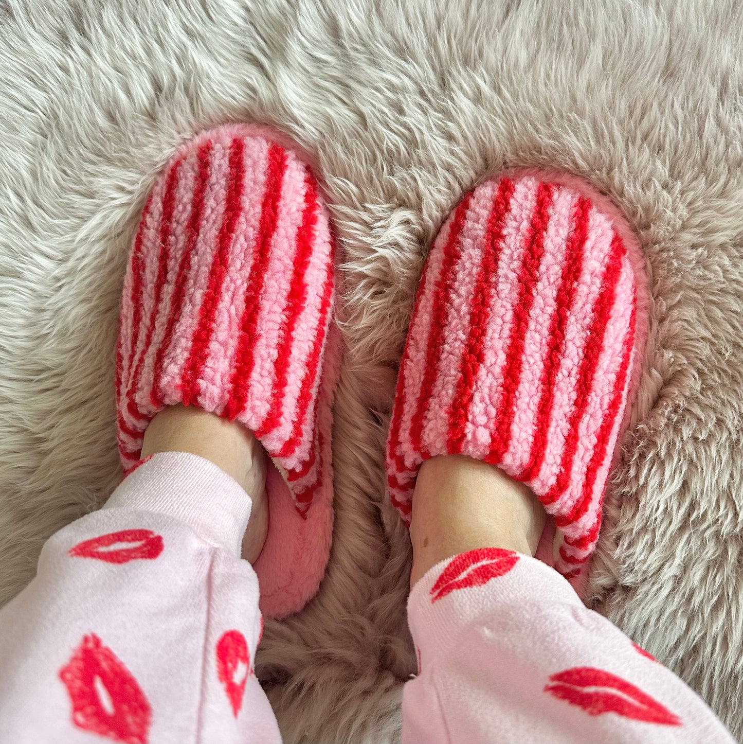 Red & Pink Stripe Fluffy Slippers