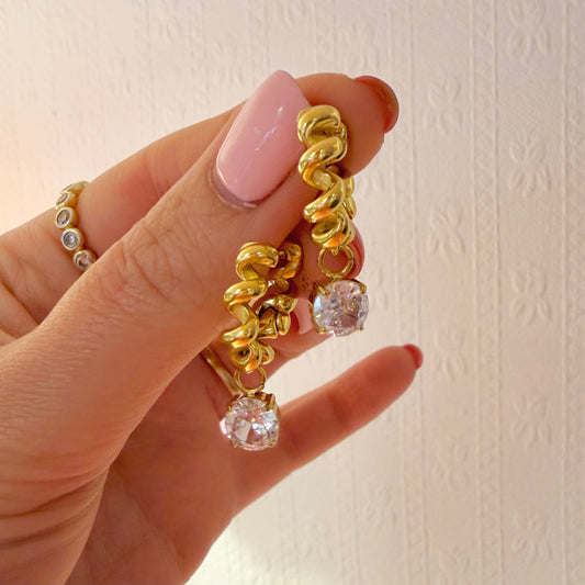 Chunky Squiggle Hoop Crystal Drop Earrings