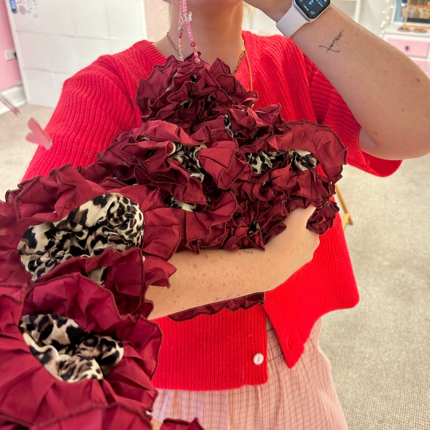 Frill Scrunchie In Leopard Print With Burgundy Trim