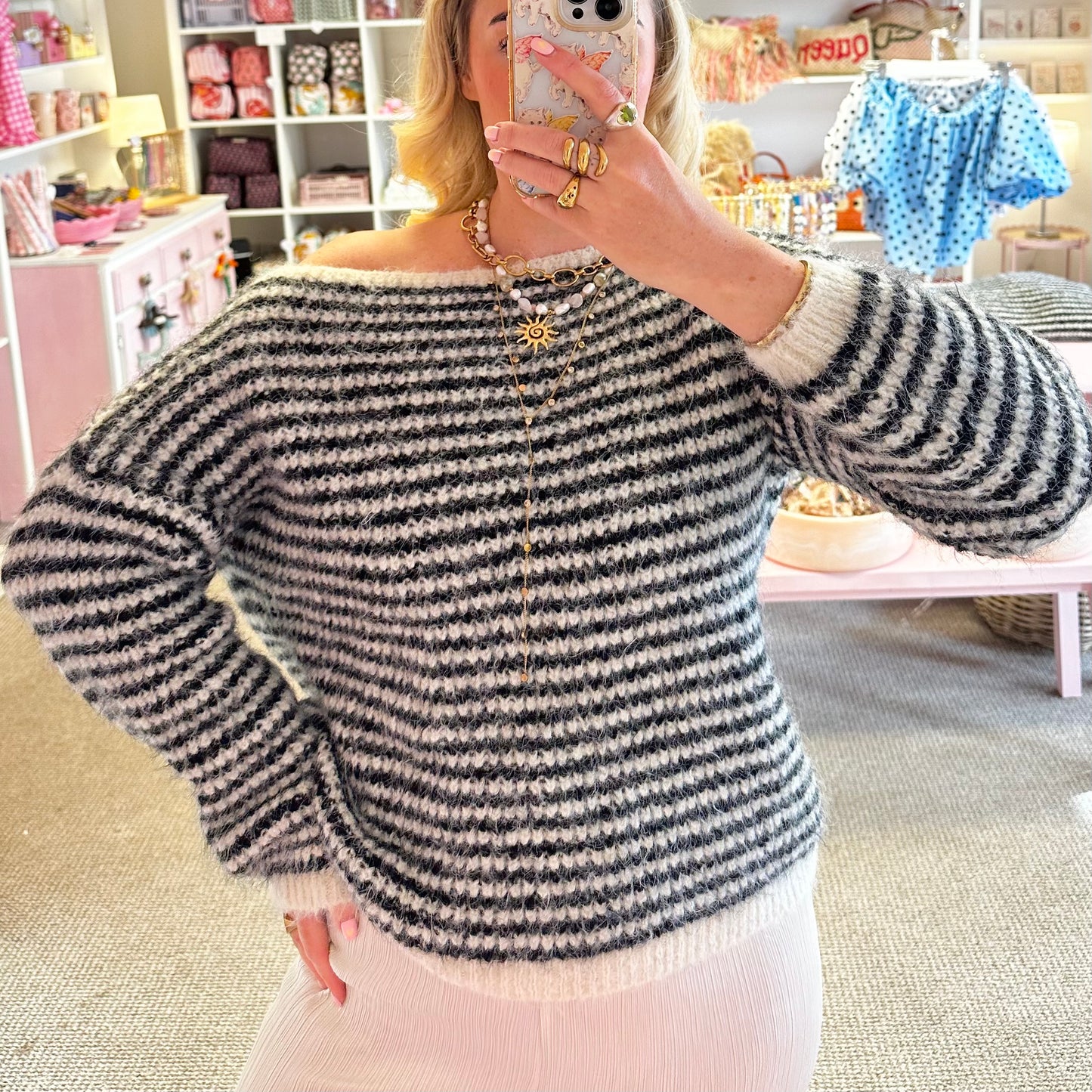 Cream & Black Striped Off The Shoulder Jumper