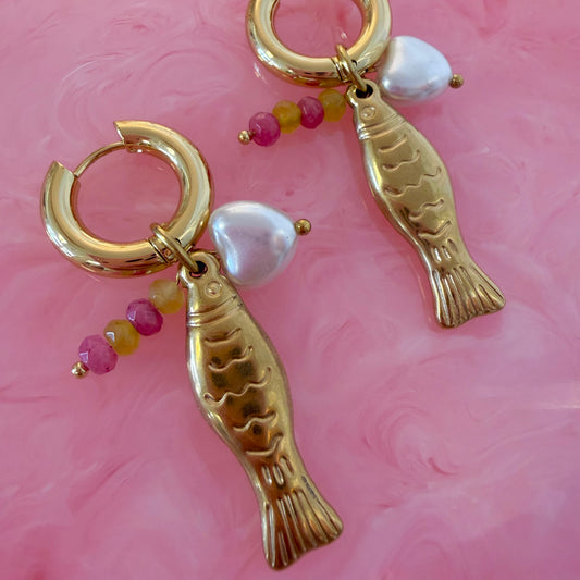 Chunky Gold Fish Hoops With Beaded & Pearl Charms