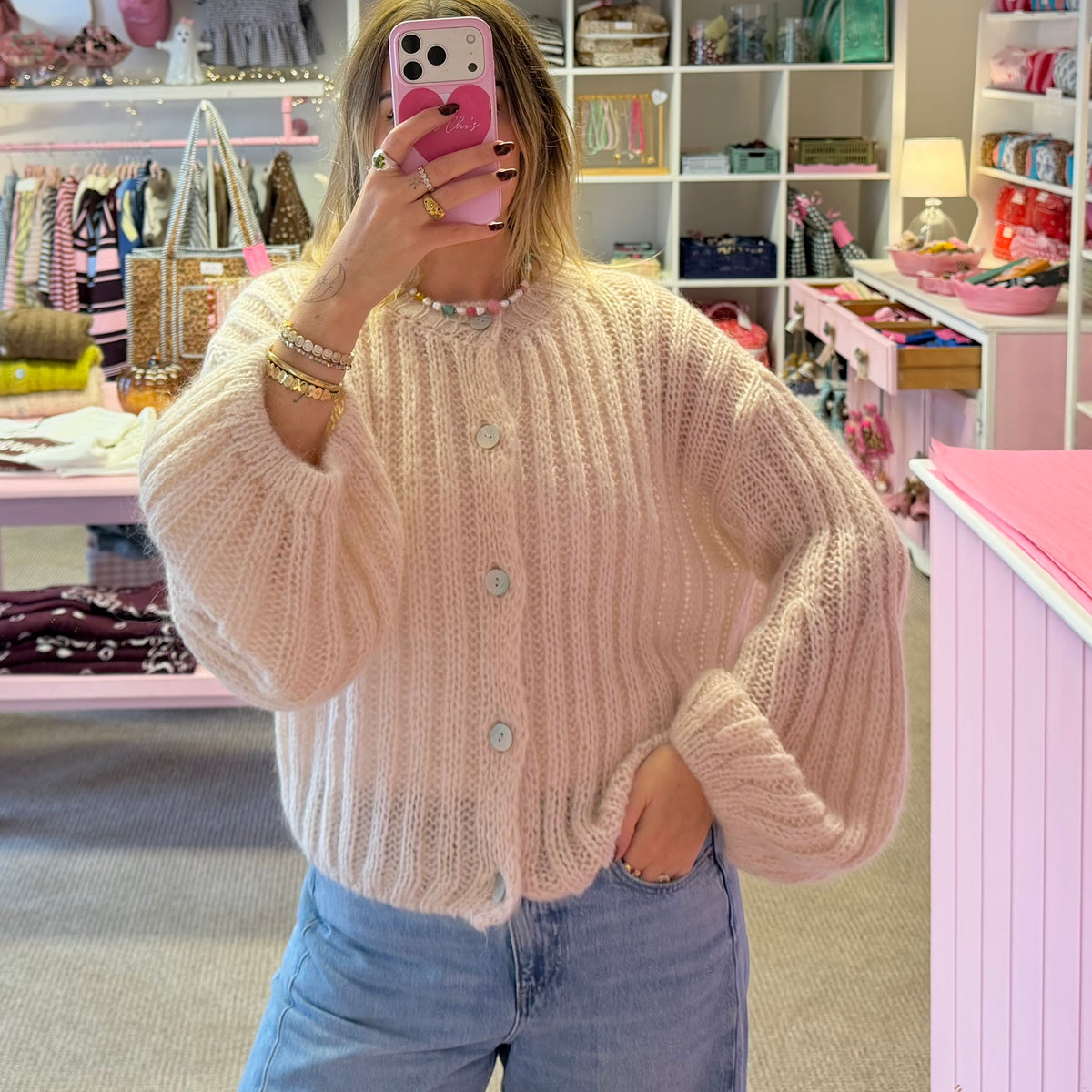 Light Beige Knit Balloon Sleeve Cardigan