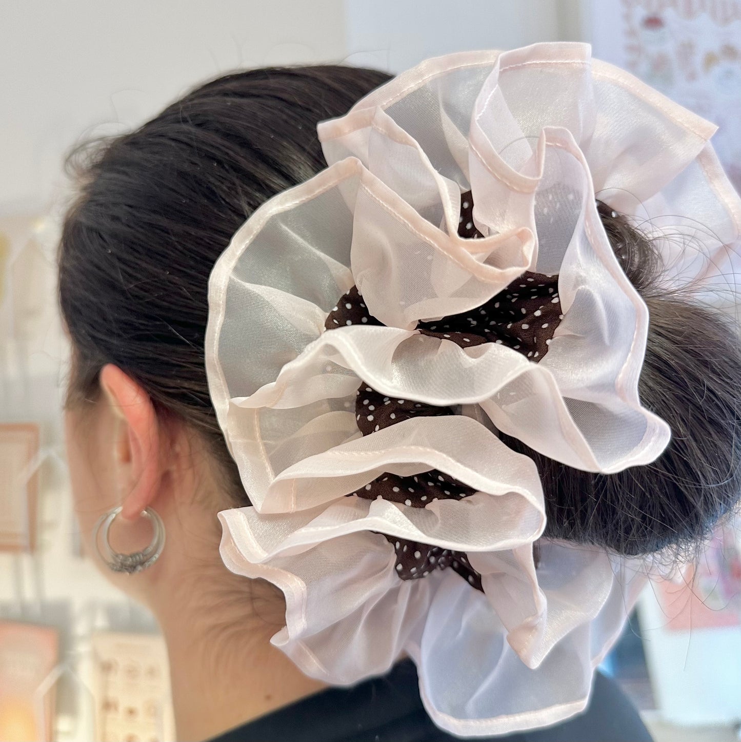 🤎NEW🤎 Brown Polka Dot & Pink Frilly Large Scrunchie