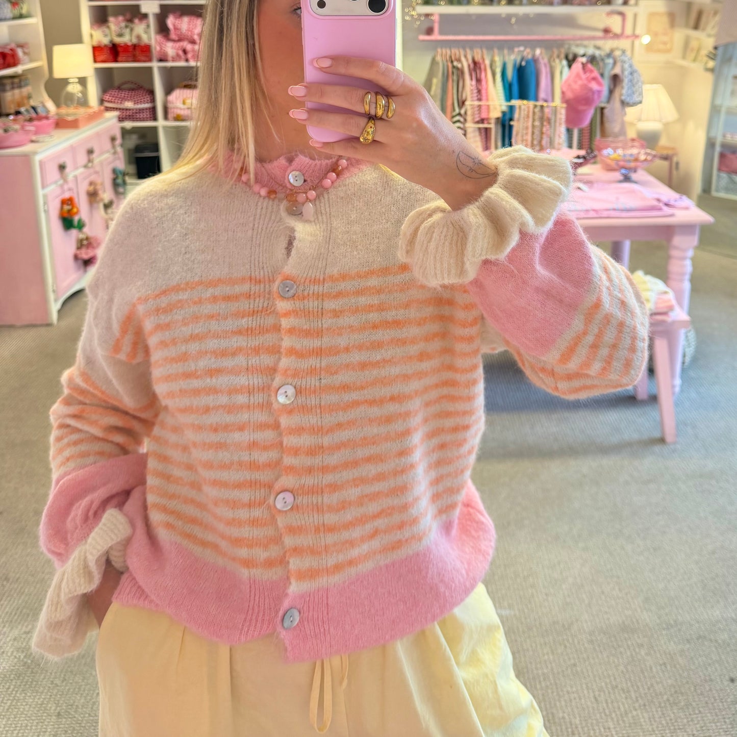 Pink & Orange Stripe Cardigan With Frilly Sleeves