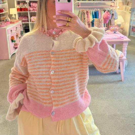 Pink & Orange Stripe Cardigan With Frilly Sleeves