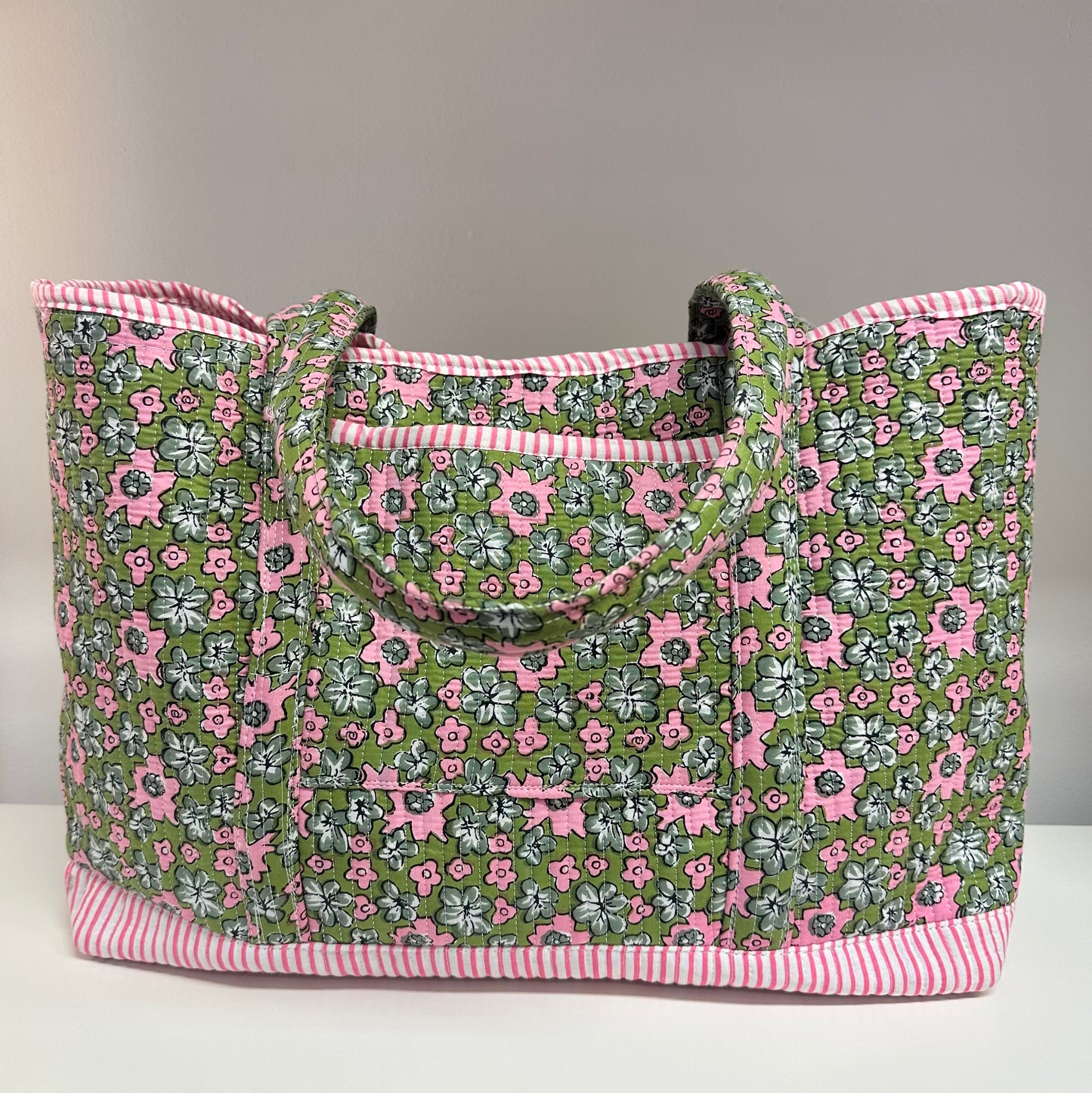 Green Cotton Printed Fabric Tote Bag With Fasten