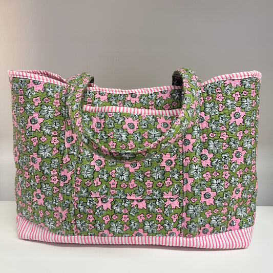 Green Cotton Printed Fabric Tote Bag With Fasten