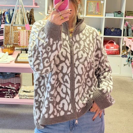 Animal Print Beige Oversize Loose Zip Up Cardigan