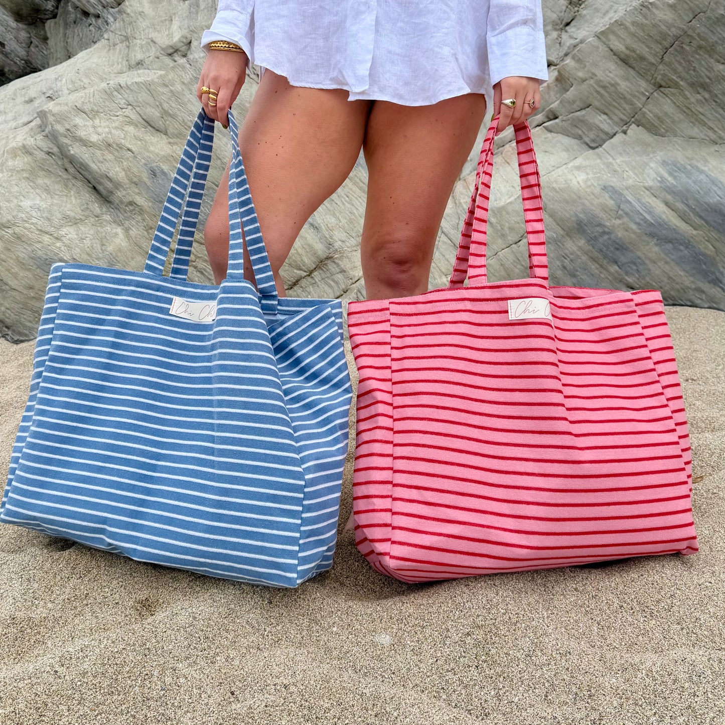 Chi Chi's' Red & Pink Stripe Terry Cloth Large Tote Bag ❤️