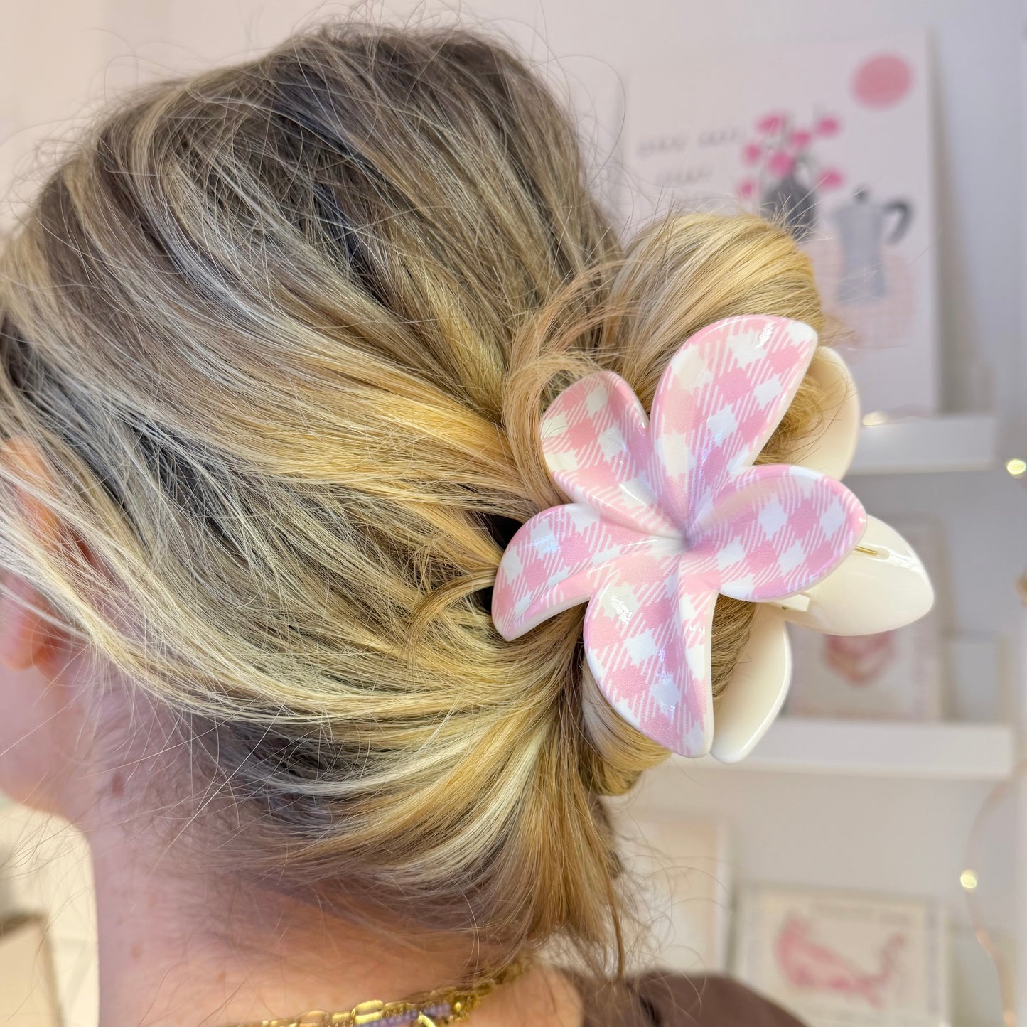 Pink Gingham Flower Claw Clip