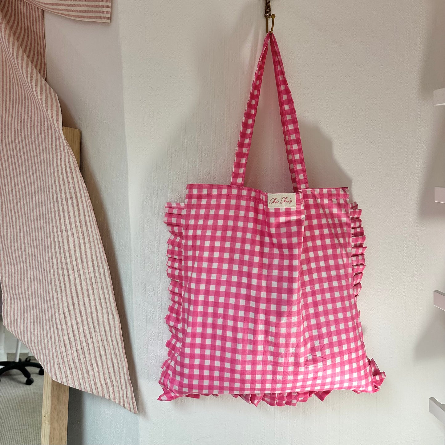 Pink Gingham Frilly Cotton Tote Bag