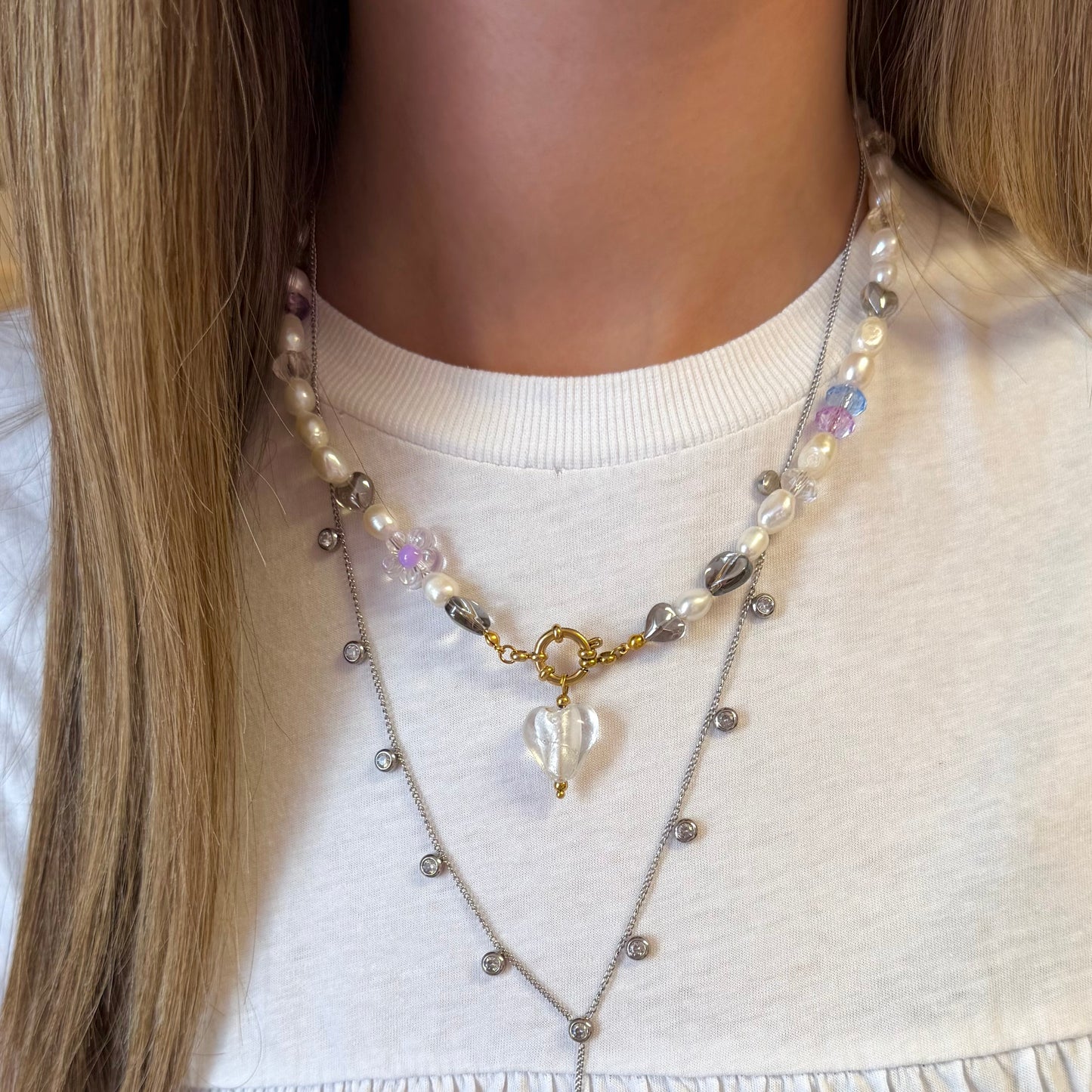 Beaded Pearl Necklace With Crystal Heart Charm