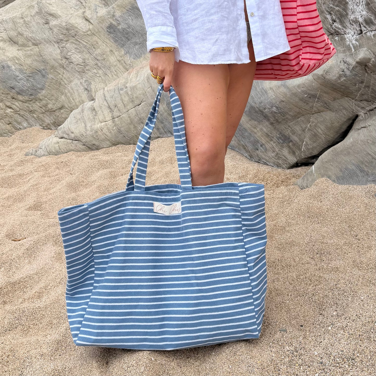 'Chi Chi's' Blue & White Stripe Terry Cloth Large Tote Bag 💙