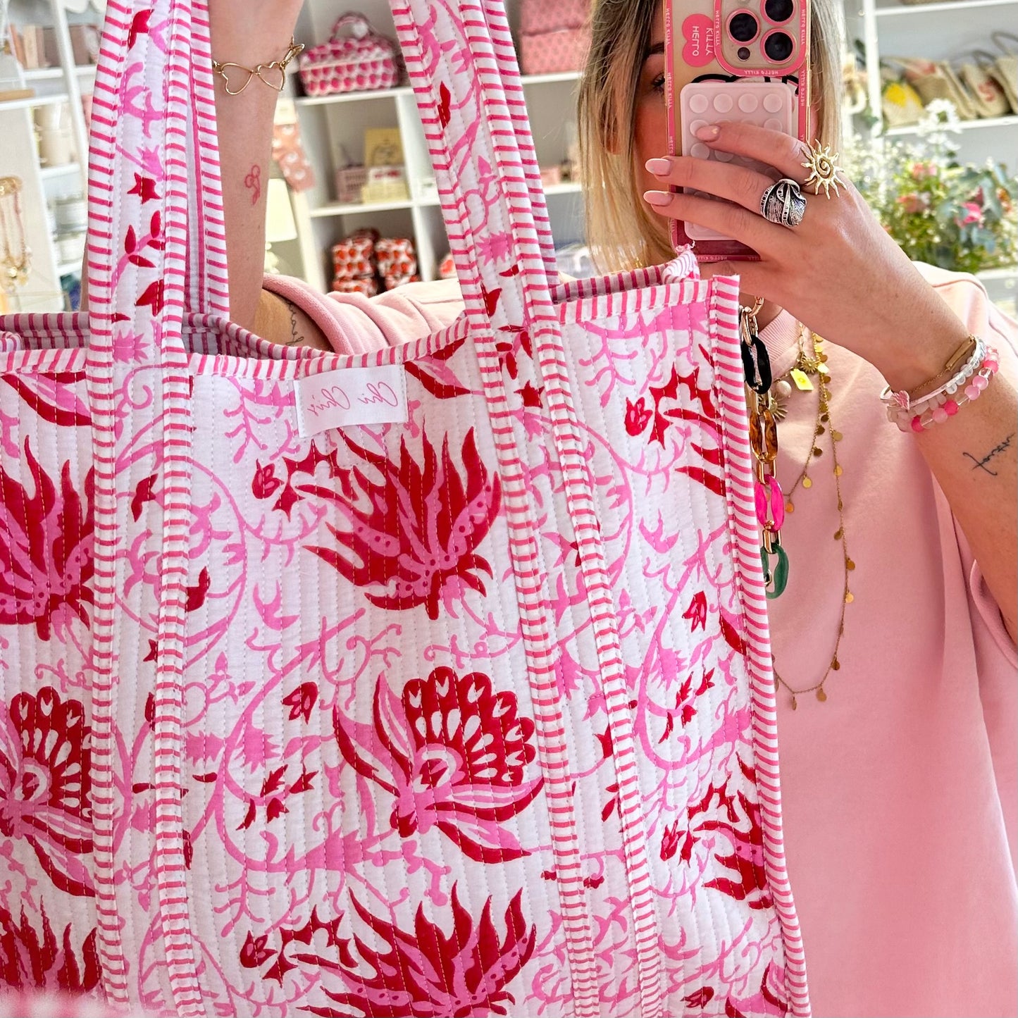 Red & Pink Floral Quilted Cotton Tote Bag