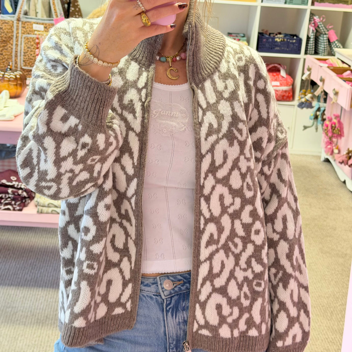 Animal Print Beige Oversize Loose Zip Up Cardigan