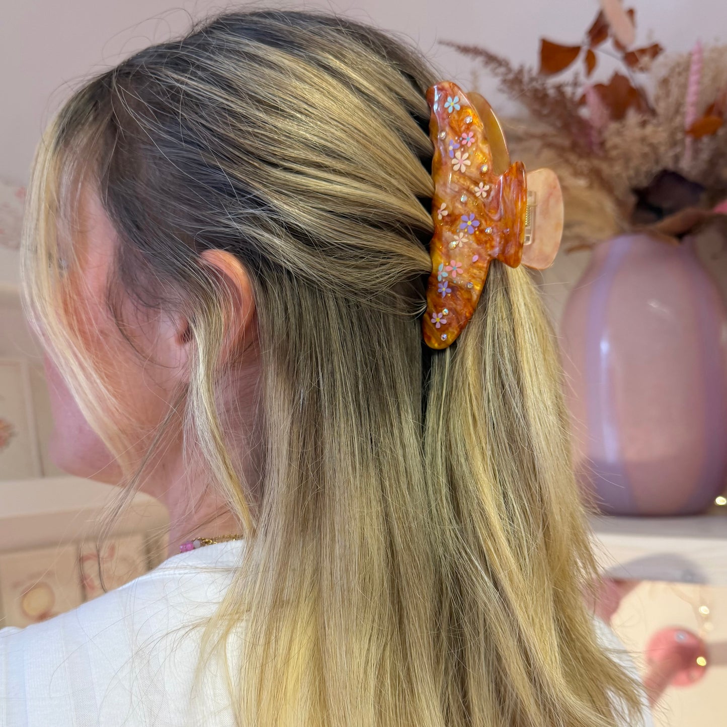 Gem & Flower Sparkle Brown Claw Clip