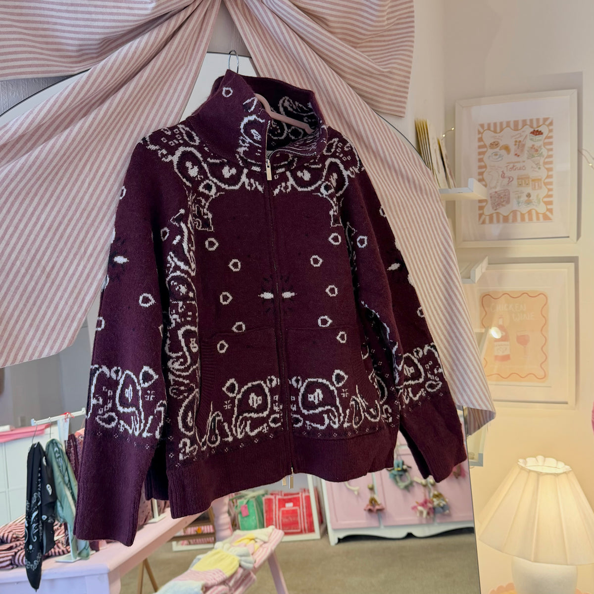 Burgundy Paisley Bandana Print Zip Up Cardigan