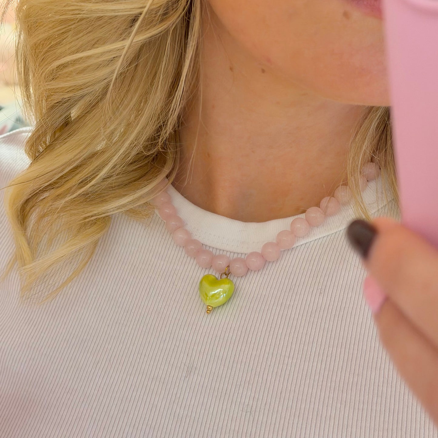 🍵 Matcha Green Heart With Pink Beads Necklace