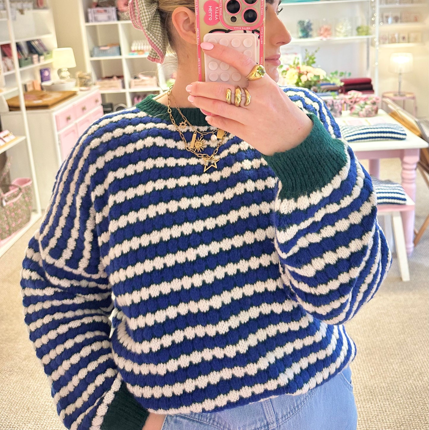 Navy & Green Pattern Dot Pattern Jumper