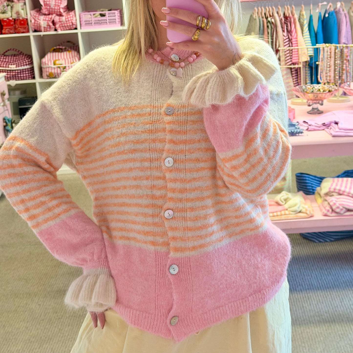 Pink & Orange Stripe Cardigan With Frilly Sleeves