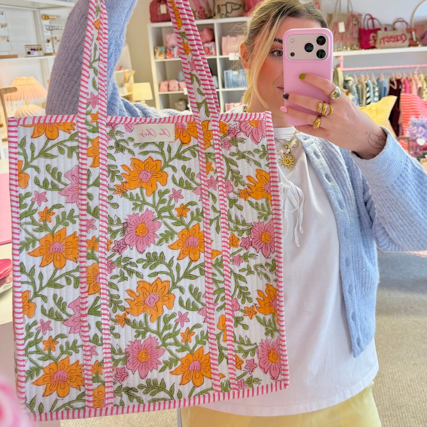 🩷 Pink & Green Floral Quilted Cotton Tote Bag