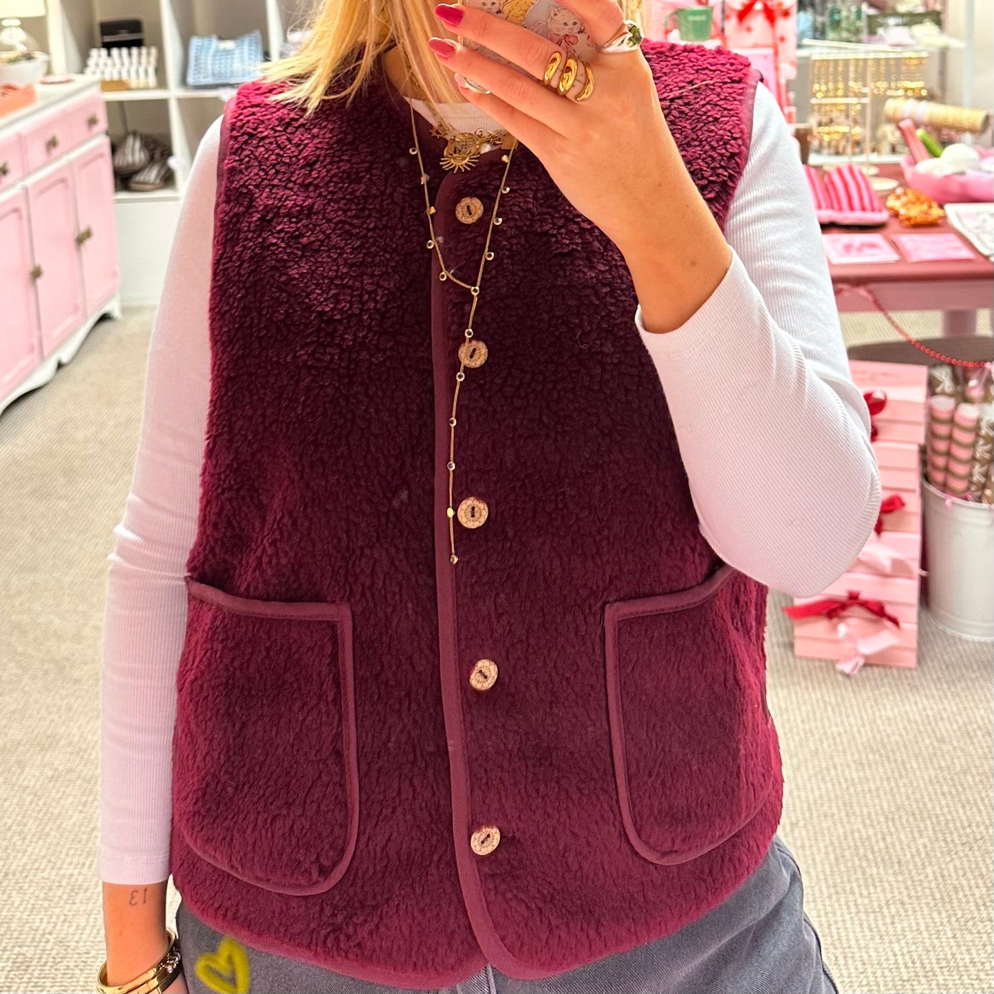 Burgundy Sleeveless Borg Vest