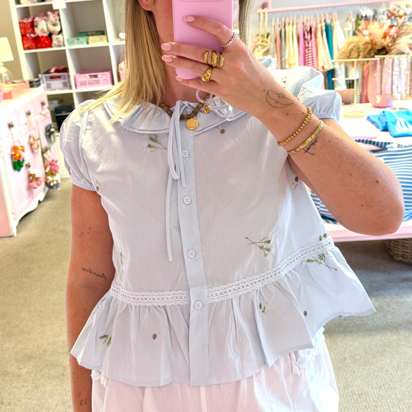 Baby Blue Embroidered Floral Blouse With Tie