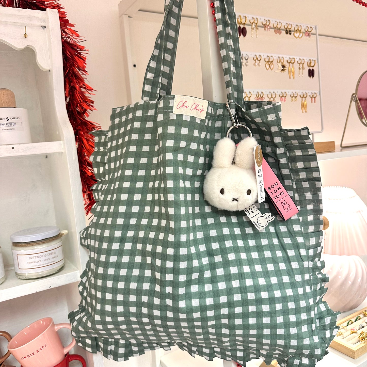 Green Gingham Frilly Cotton Tote Bag