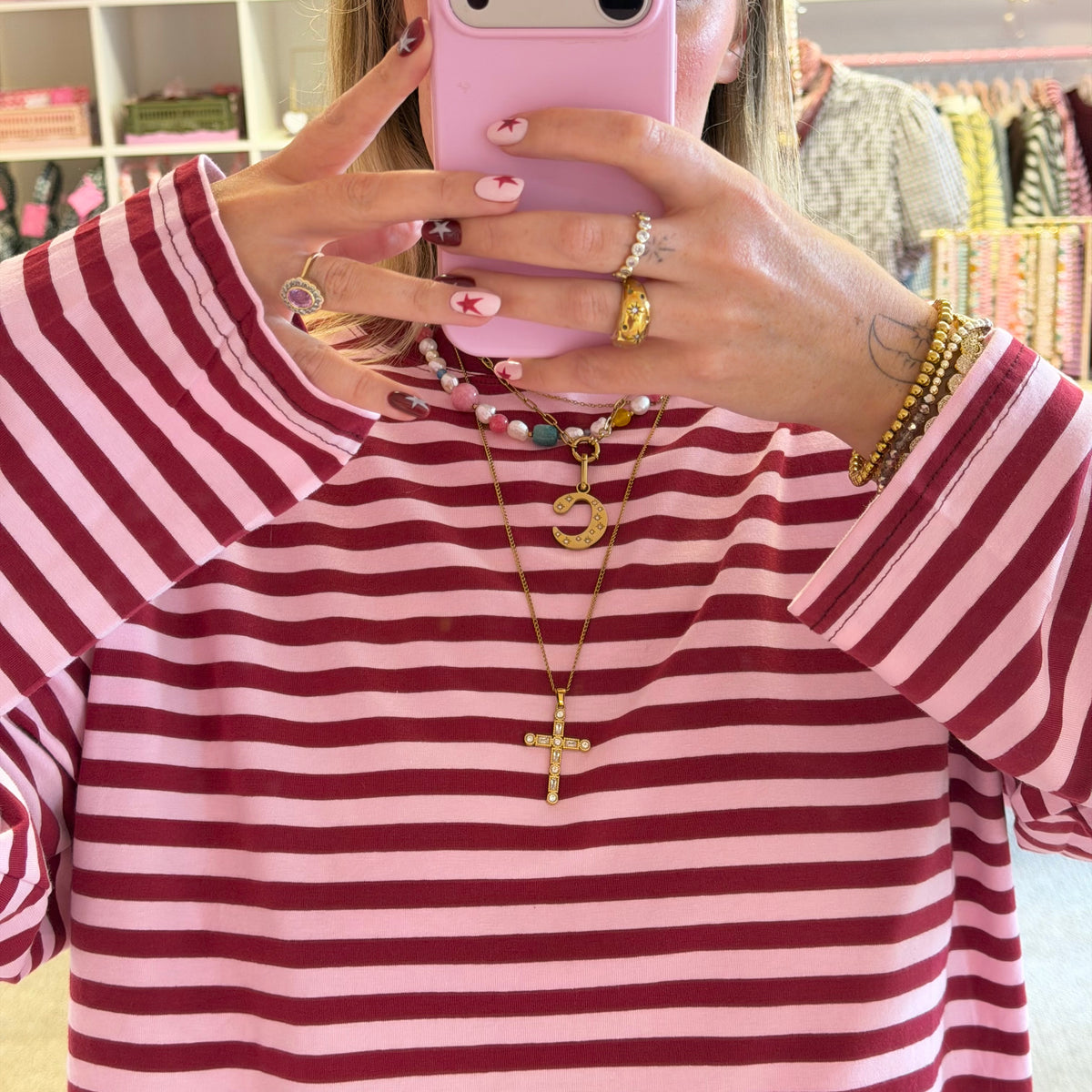 Burgundy & Pink Stripe Long Sleeve T-Shirt