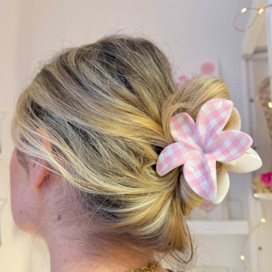 Pink Gingham Flower Claw Clip