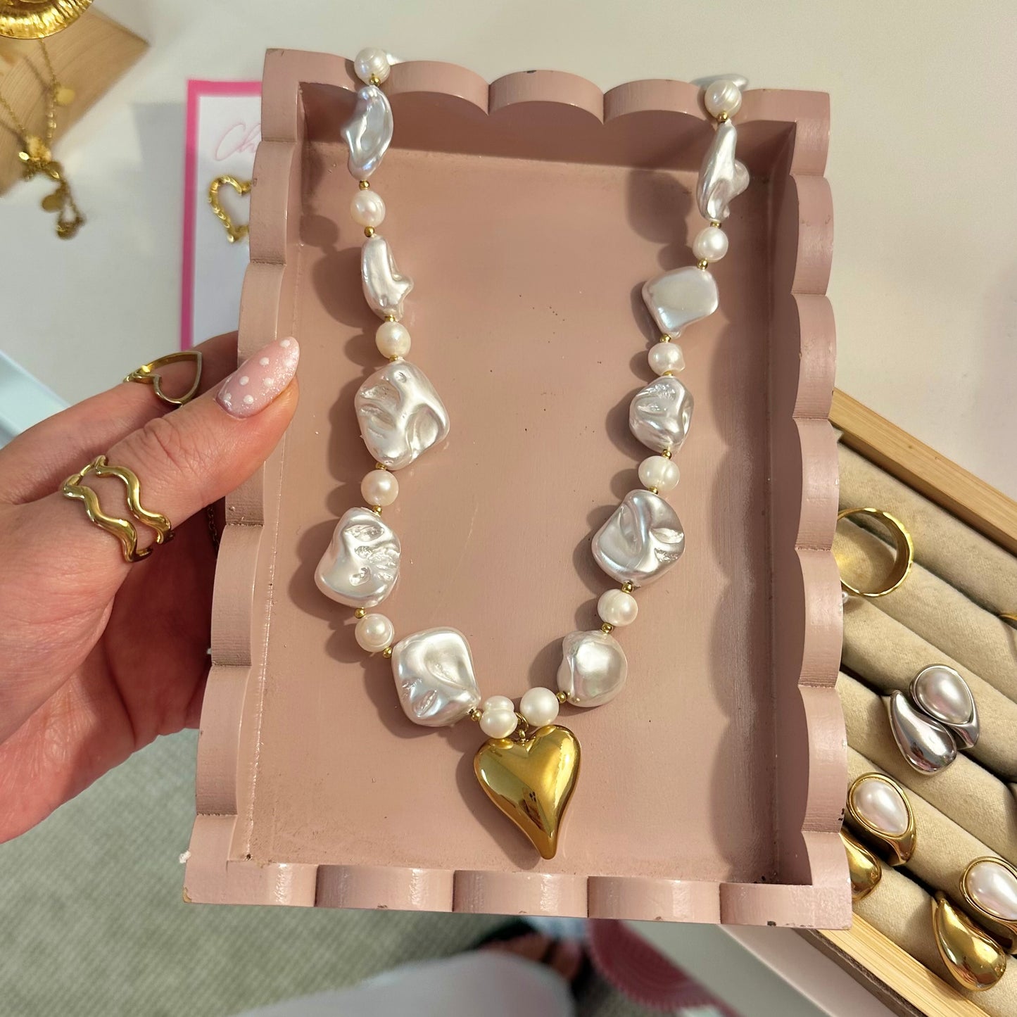 Pearl & Shell Bead Chunky Statement Necklace With Gold Heart