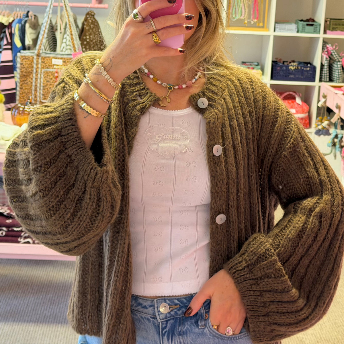 Dark Brown Balloon Sleeve Cardigan