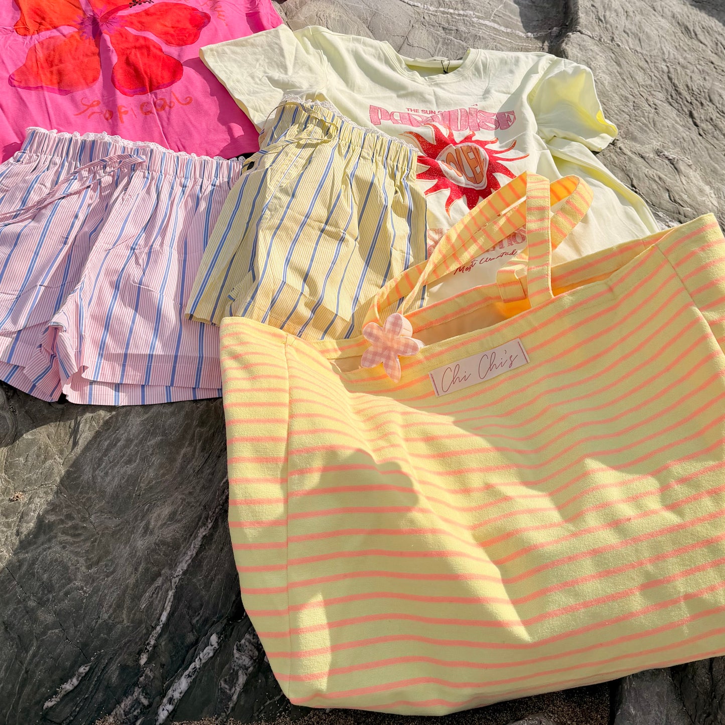 'Chi Chi's' Yellow & Pink Stripe Terry Cloth Large Tote Bag 💛