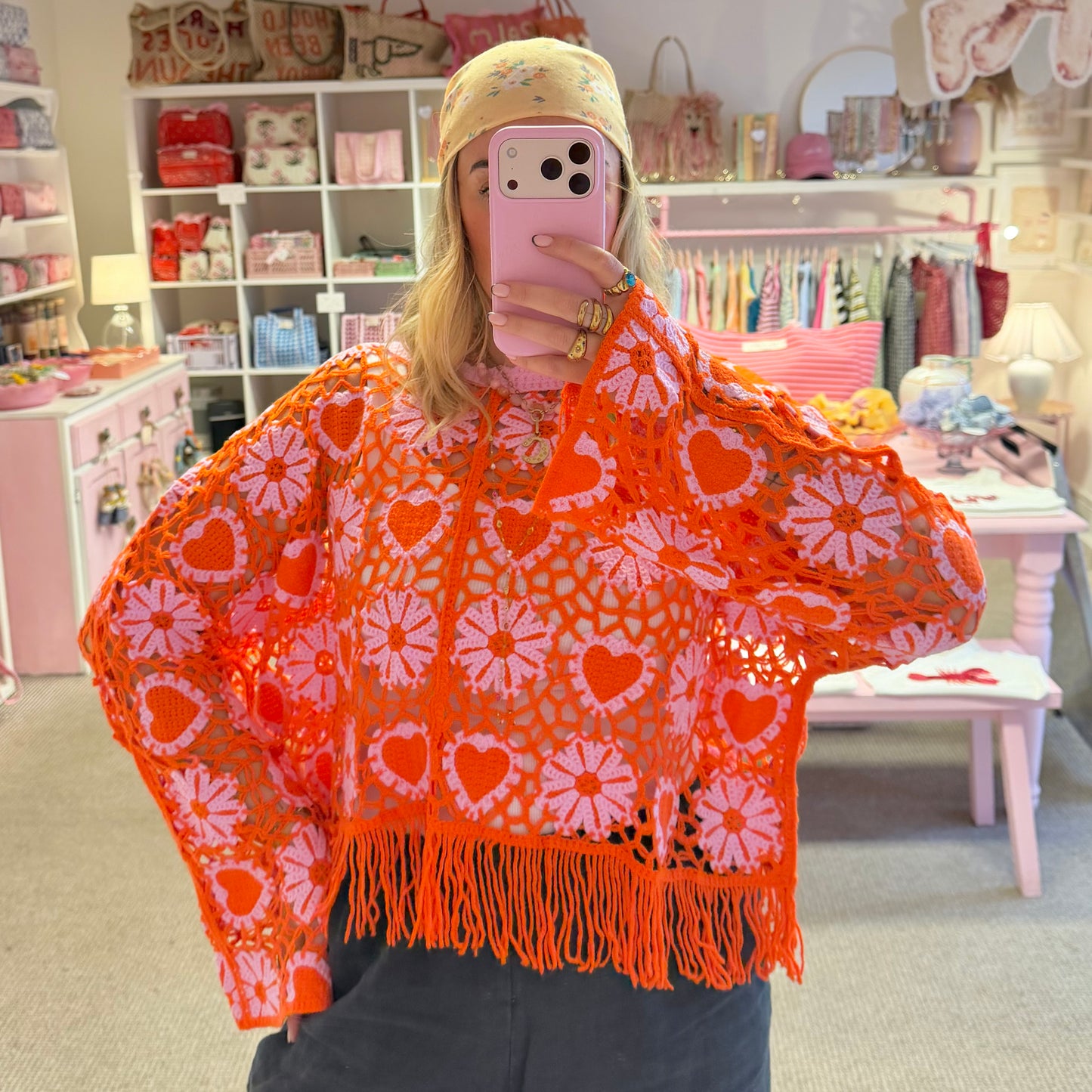 Orange & Pink Crochet Blouse With Tassels