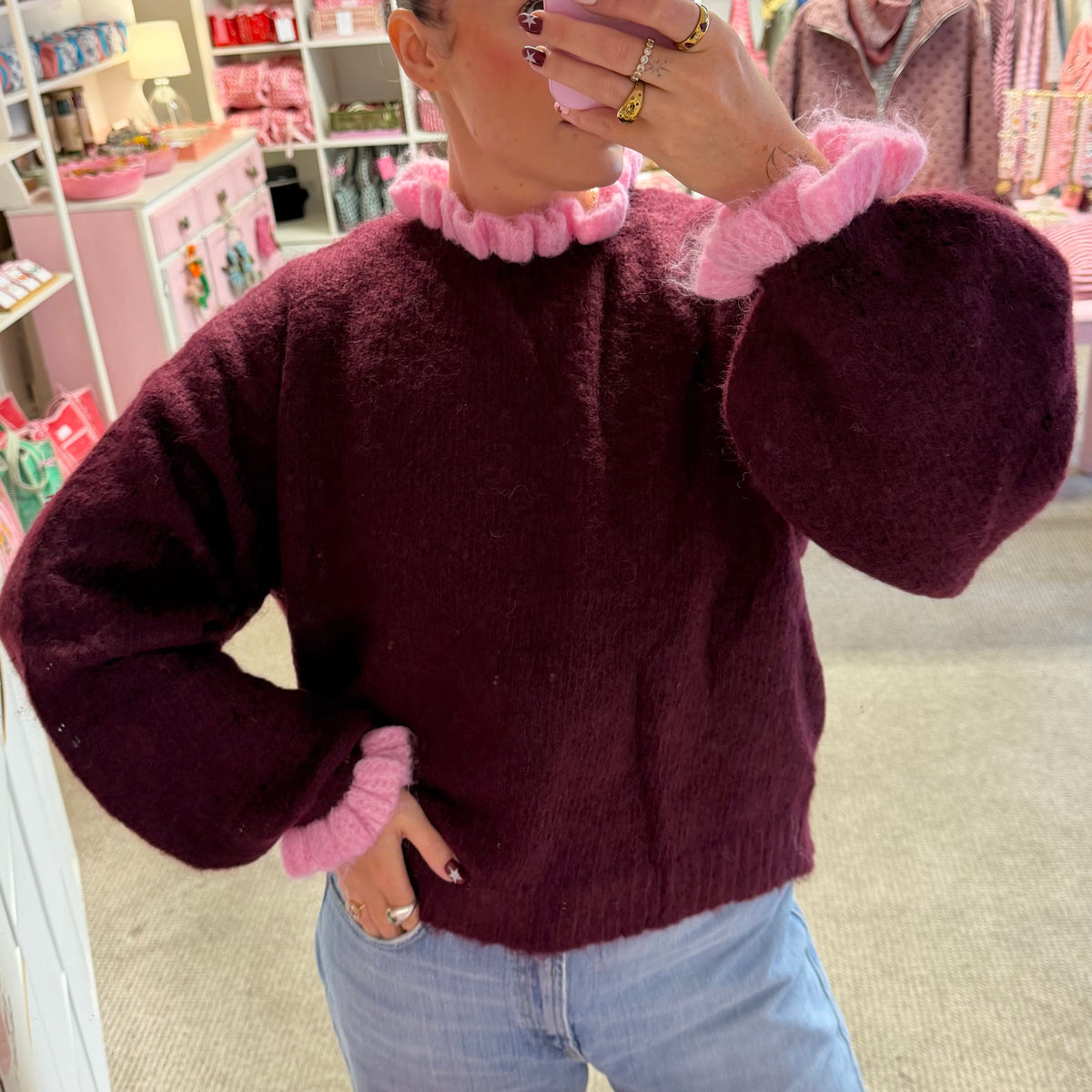 Pink & Bugrundy Frilly Collar & Sleeve Jumper