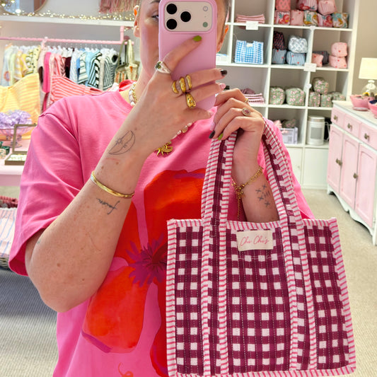 Burgundy & Pink Mini Gingham Tote Bag