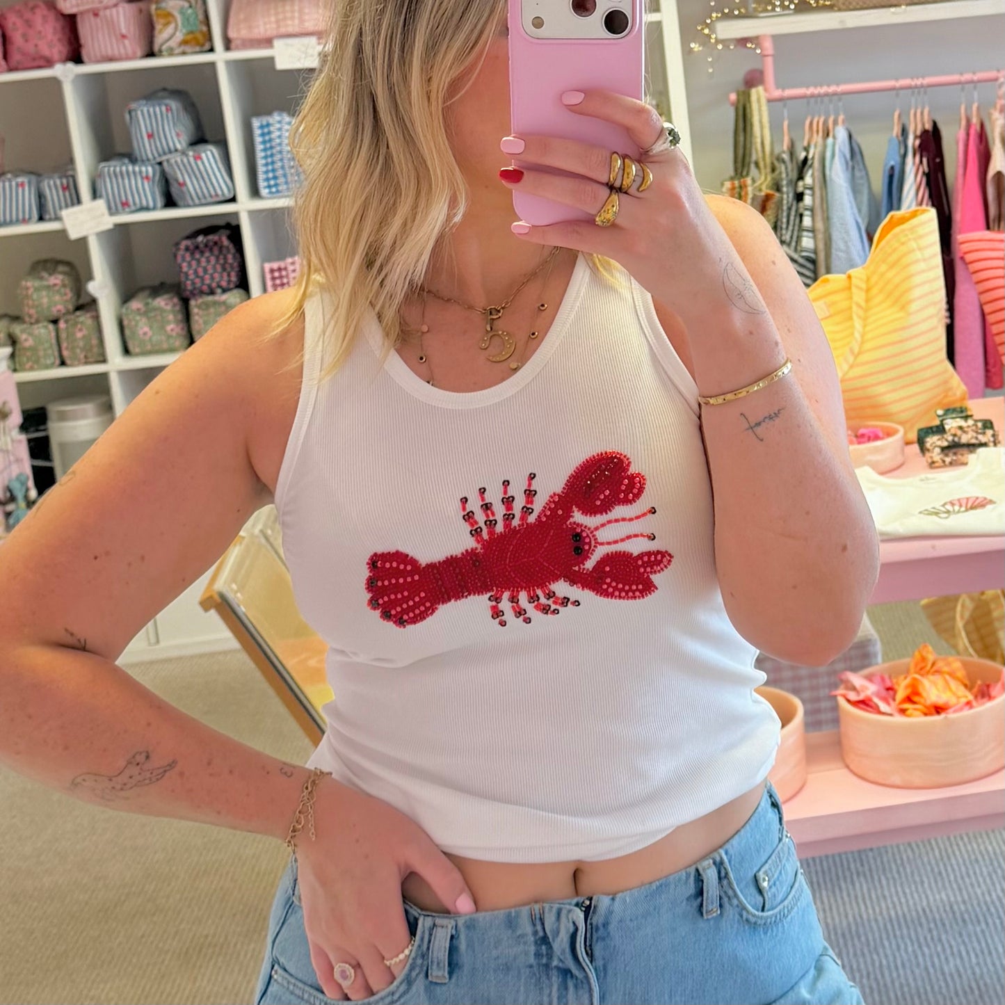 Hand Beaded Lobster Ribbed Tank Top