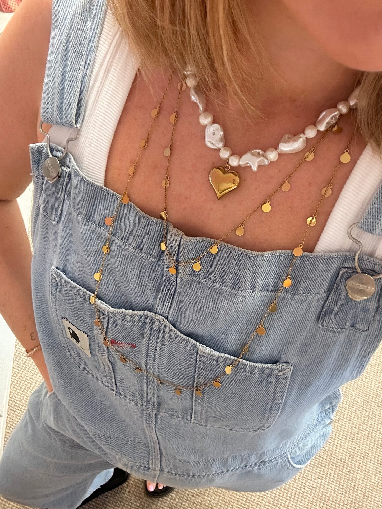 Pearl & Shell Bead Chunky Statement Necklace With Gold Heart