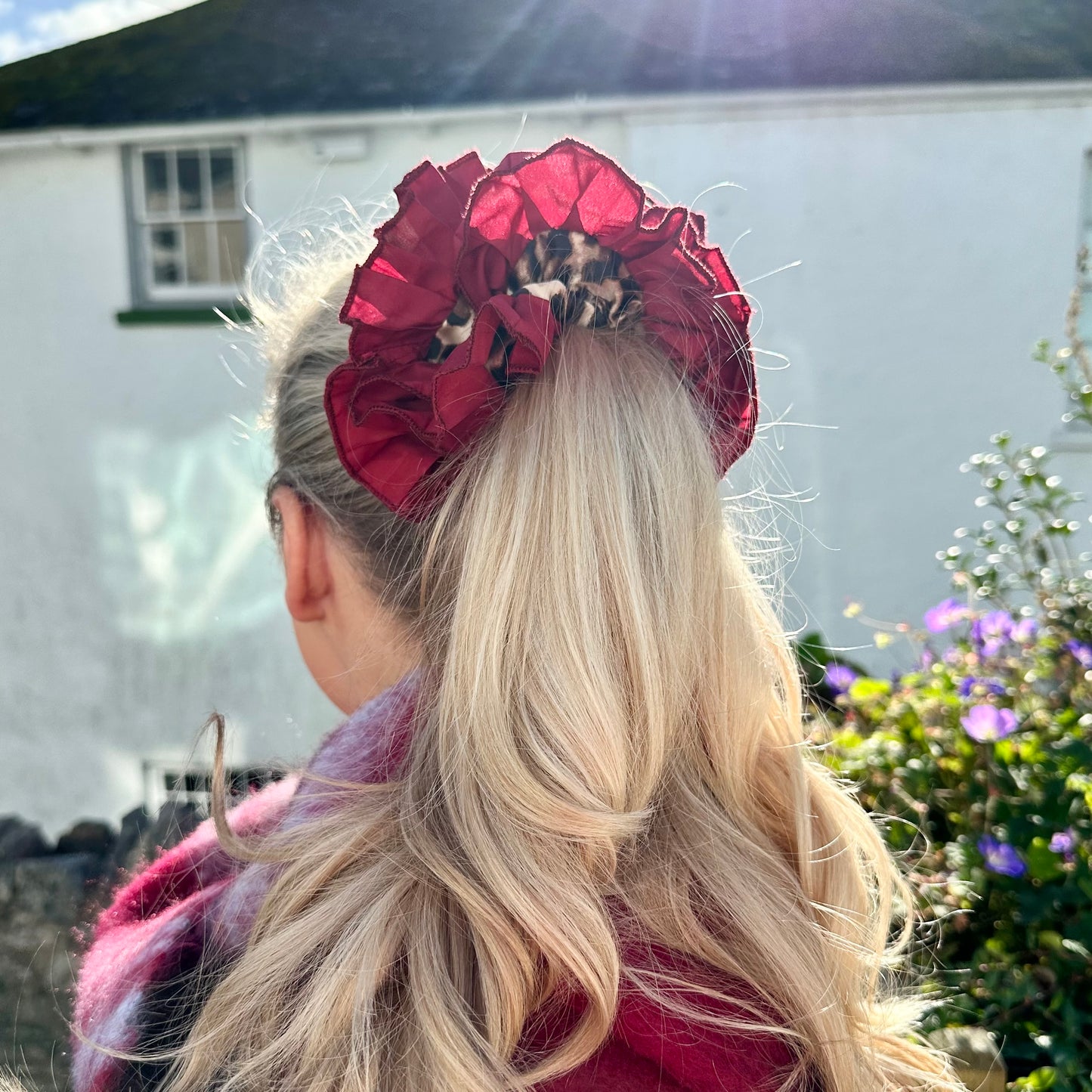 Frill Scrunchie In Leopard Print With Burgundy Trim