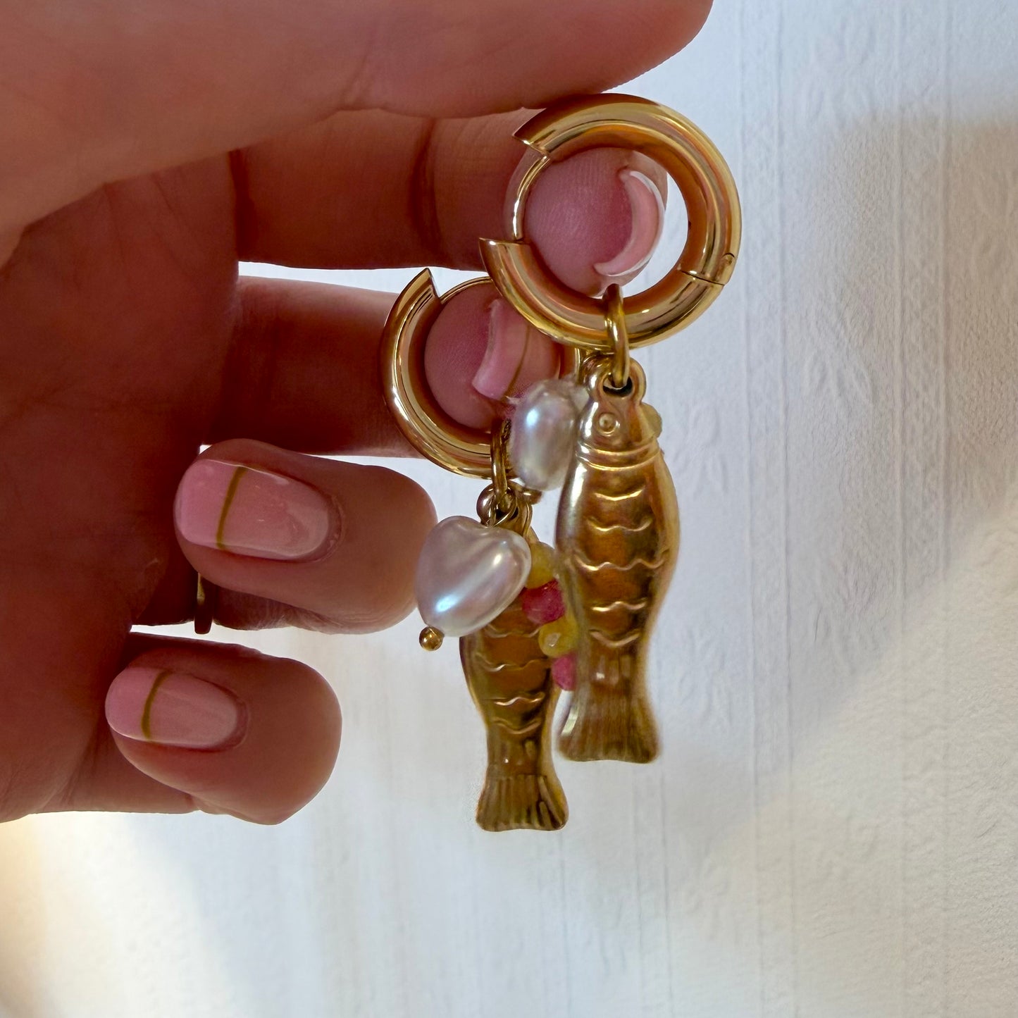 Chunky Gold Fish Hoops With Beaded & Pearl Charms